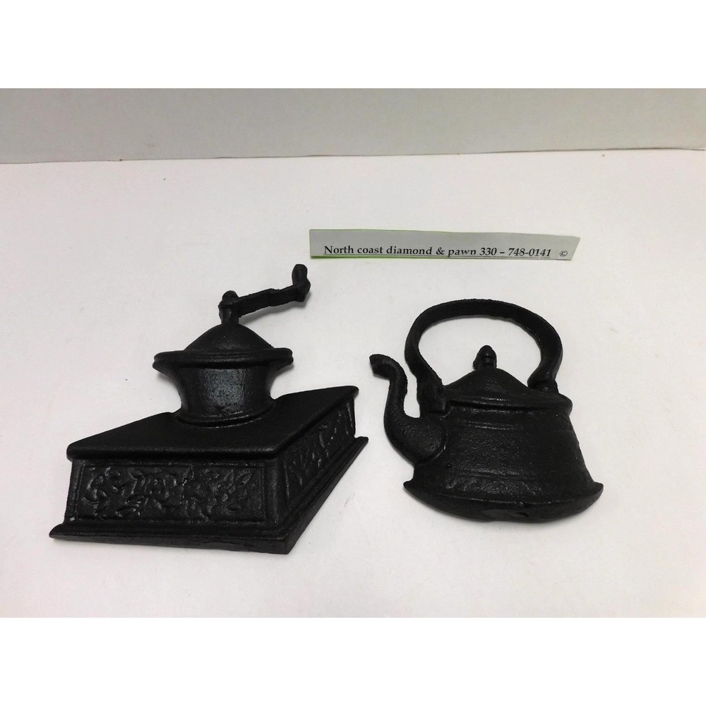 Vtg Cast Iron Coffee Mill Grinder & Kettle Wall Hangings DW81